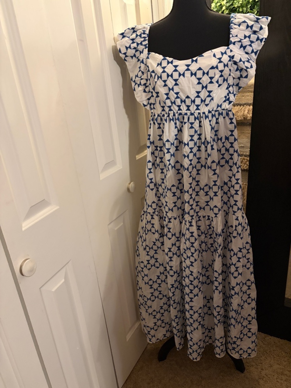 See and Be Seen Smocked Maxi Dress in Blue & White Geometric Pattern